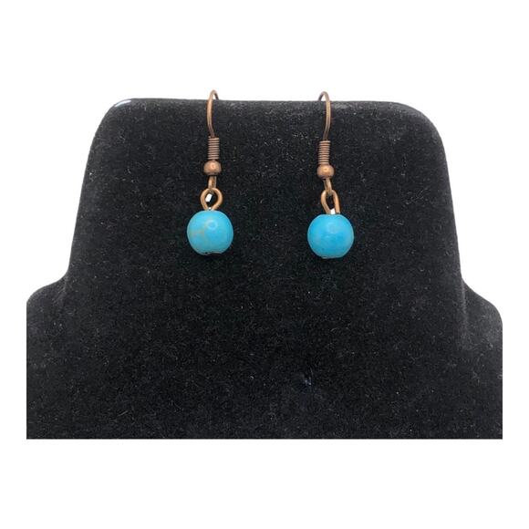 Retro Single Turquoise Bead Rose Gold Leather Lightweight Dangle Earrings - Picture 3 of 9